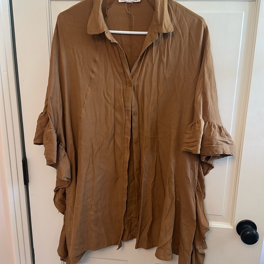 Camel color button up blouse with side ruffle detail